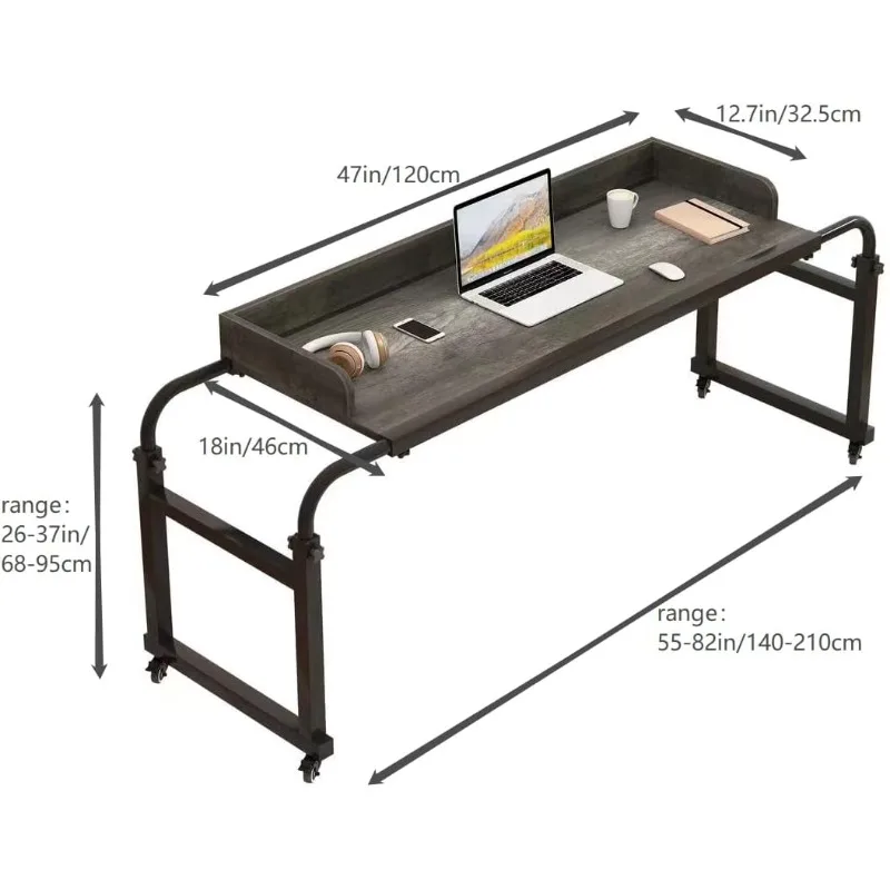 Table with 360° Wheels, Queen Size Mobile Bed Desk, Recliner Table Over Bed Table Adjustable Height and Length Overbed T