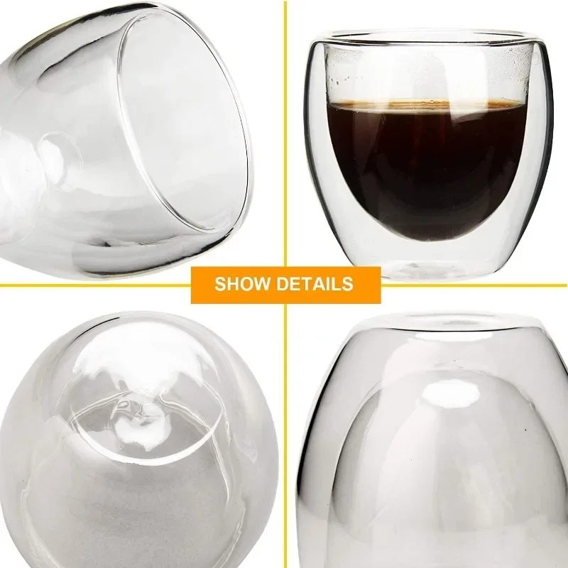 2/4/6PC 80ML/250ML/350ML/450ML Double Walled Glass Coffee Mugs Heat Insulation Clear Glass Mug Mini Whisky Glasses Drinkware Set