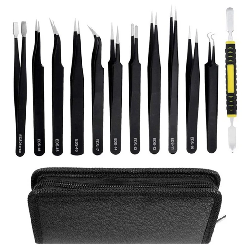 With Storage Bag Hand Repair Maintenance Tool ESD Anti-static Tweezers Set Precision Stainless Steel Elbow Straight Tweezers