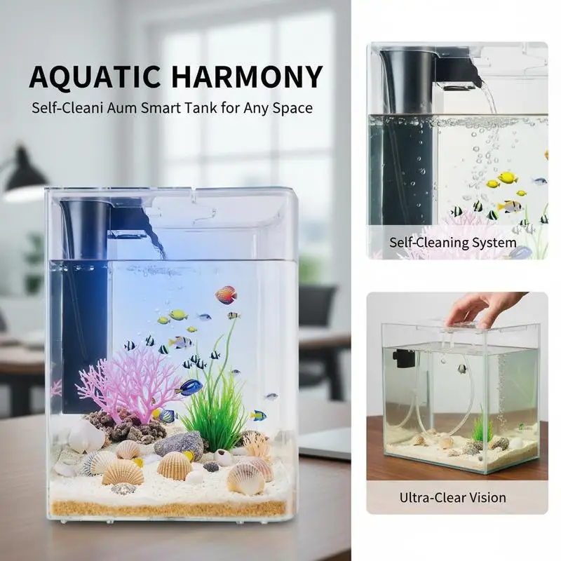 Arch Ultra-Clear GPPS Aquarium 2 Gallon For Home Office Pet Use, 3 Color Adjustable Lighting Self Cleaning System Fishbowl St