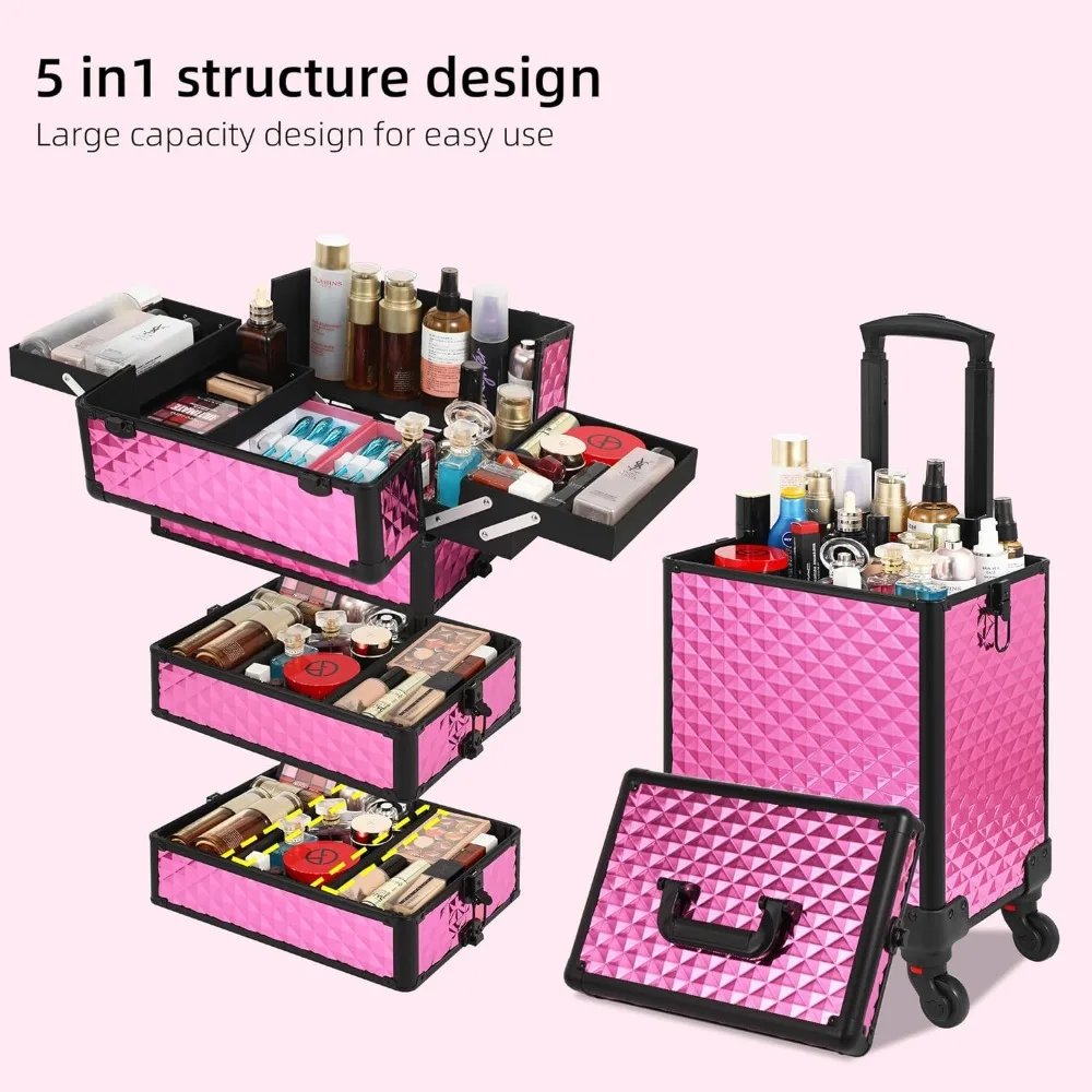 Imagem -04 - Maquiagem Train Case com Tampa em Beauty Box com Rodas Grande Organizador de Cosméticos Rolo