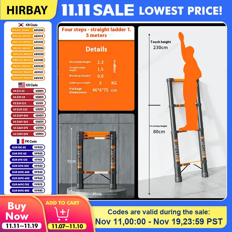 سلم تلسكوبي متعدد الأغراض من الفولاذ الكربوني مع وظيفة قابلة للطي ومنصات قدم مضادة للانزلاق للاستخدام الداخلي والخارجي