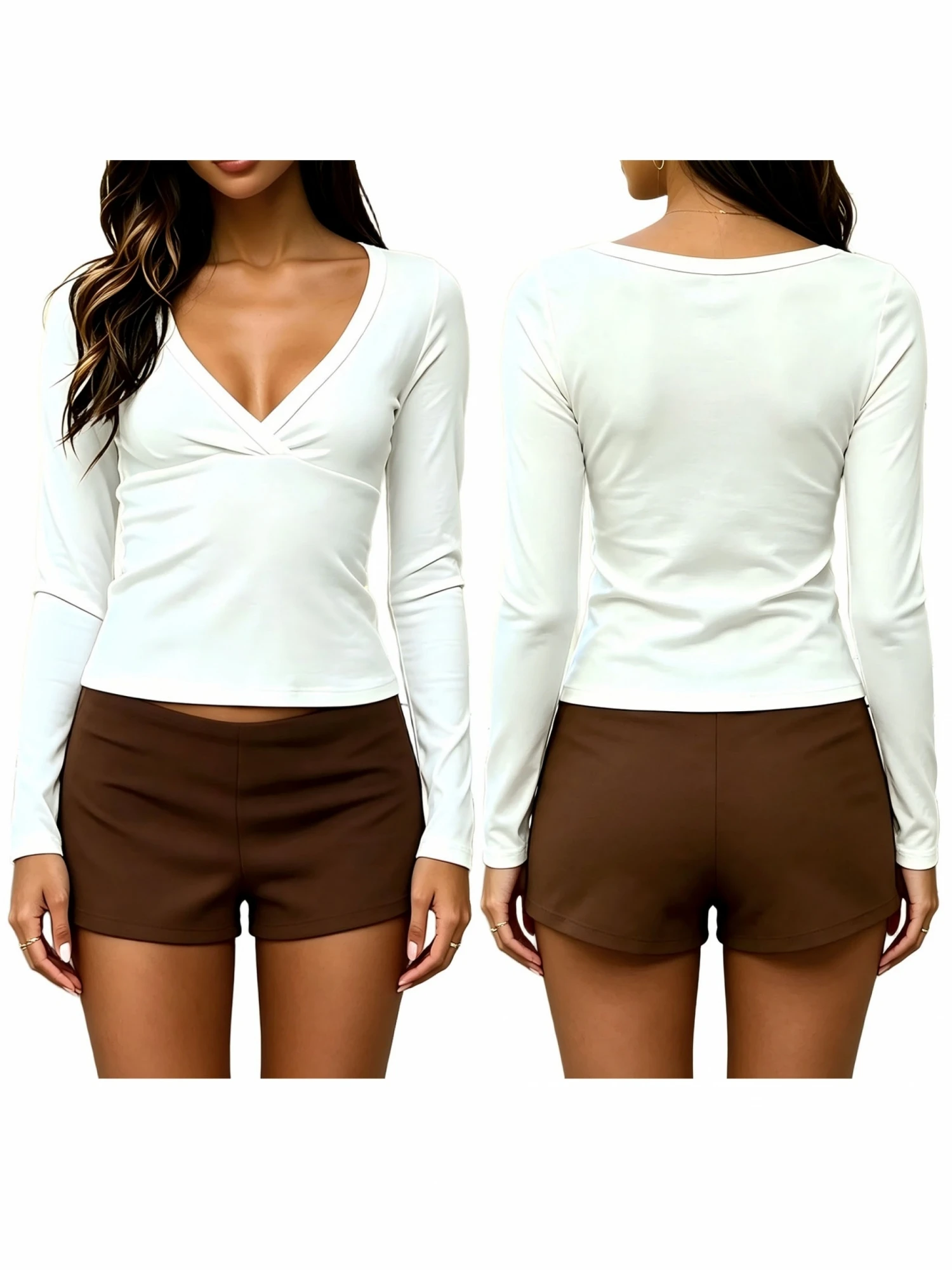 Damen Herbst Einfarbige V-Ausschnitt Basic-Oberteile Elegante Langarm Slim-Fit Wickel-T-Shirts – Detail 3