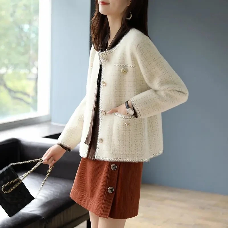 Elegant Faux Mink Cashmere Sweater Cardigan Women Vintage Luxury Design Plaid Knitted Coat Korean Style Soft V-Neck Knitwear Top