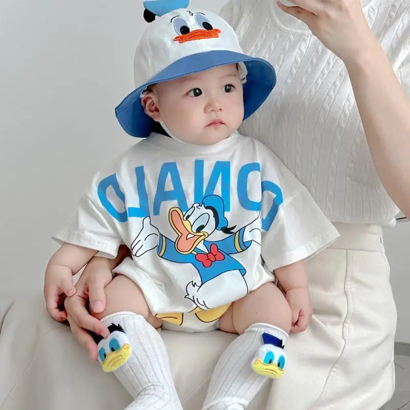 Disney Mickey Duck Pooh Cartoon Girl Boy Triangle Bag Fart Clothes Summer Soft Cotton A-Standard Baby Clothes Crawl Clothes Set