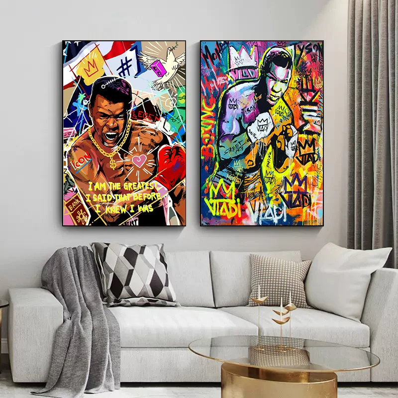 Muhammad Ali Poster Graffiti Art Wall Painting Boxing Mike Tyson Portrait Oil Painting Boxer Legend Inspirational Home Decor.