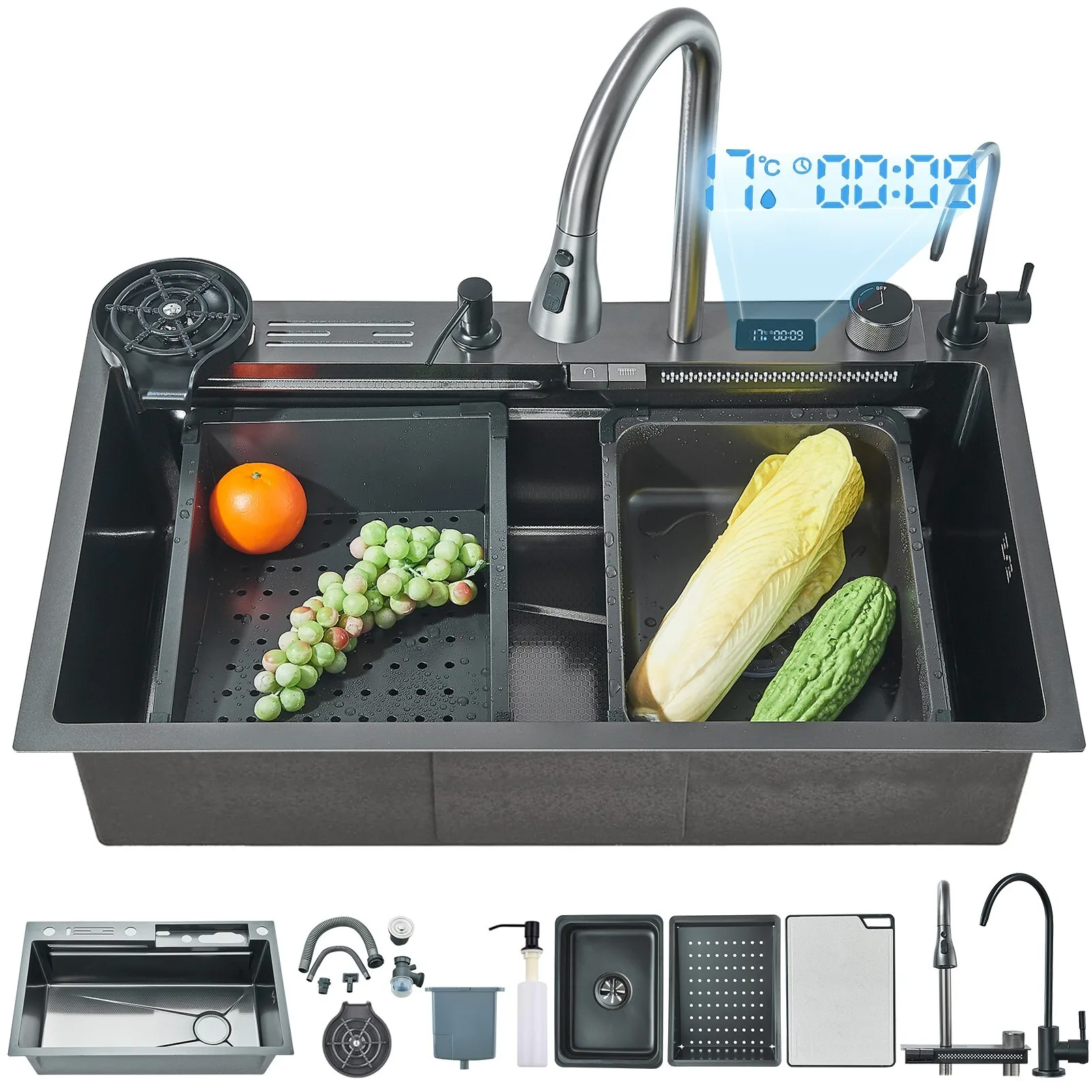 

29.5" Stainless Steel Waterfall Kitchen Sink with Faucet Single Bowl