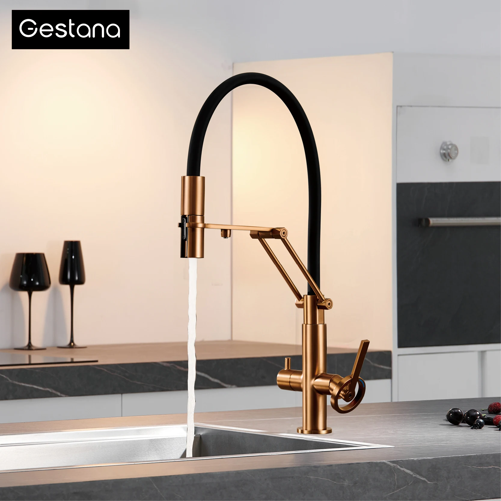 Moderner Küchenarmatur aus verchromtem Messing mit 3-in-1 herunterziehbarem Sprühgerät, reines Wasser, Einlochmontage, 2 Griffe, Heiß- und Kaltwaschbecken-Mischbatterie