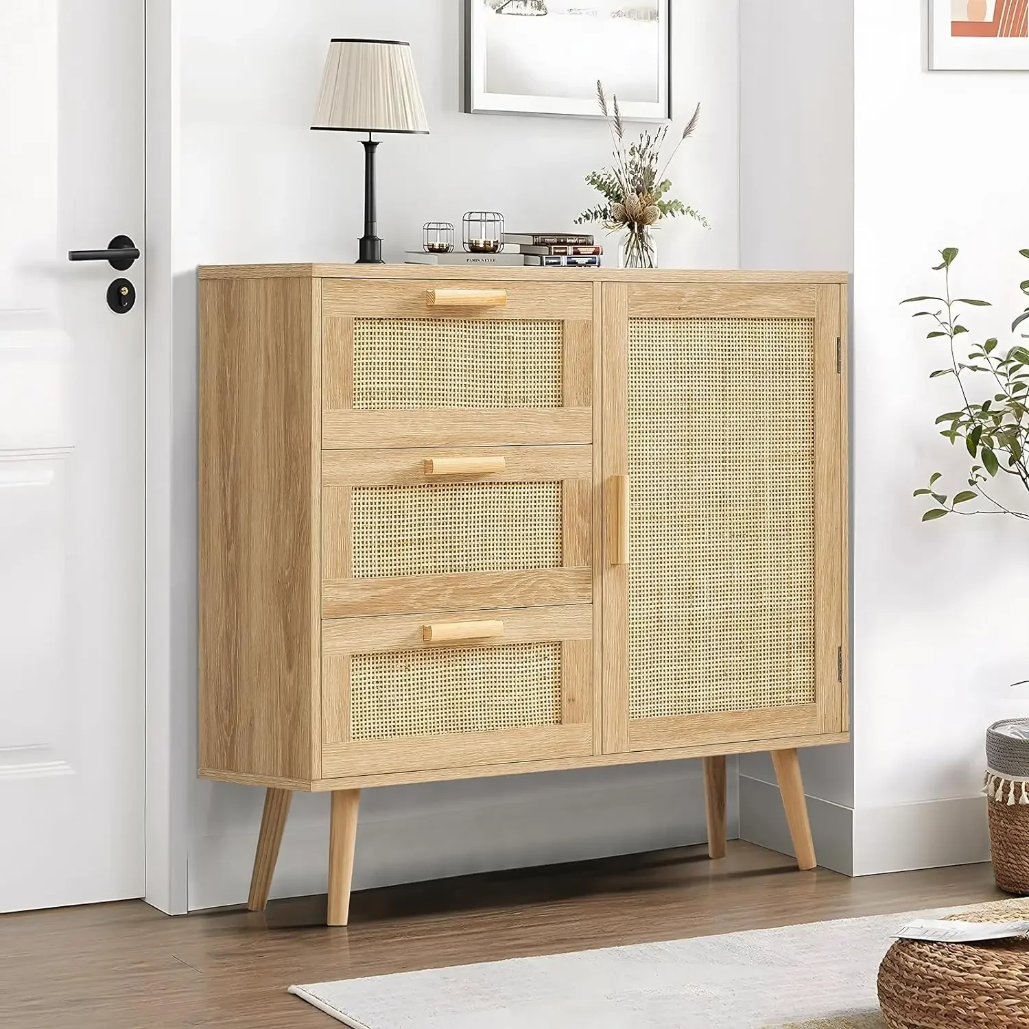 Storage Cabinet with Rattan Door & 3 Drawers, Rattan Cabinet with Adjustable Shelf, Bathroom Storage Cabinet, Accent Cabinet