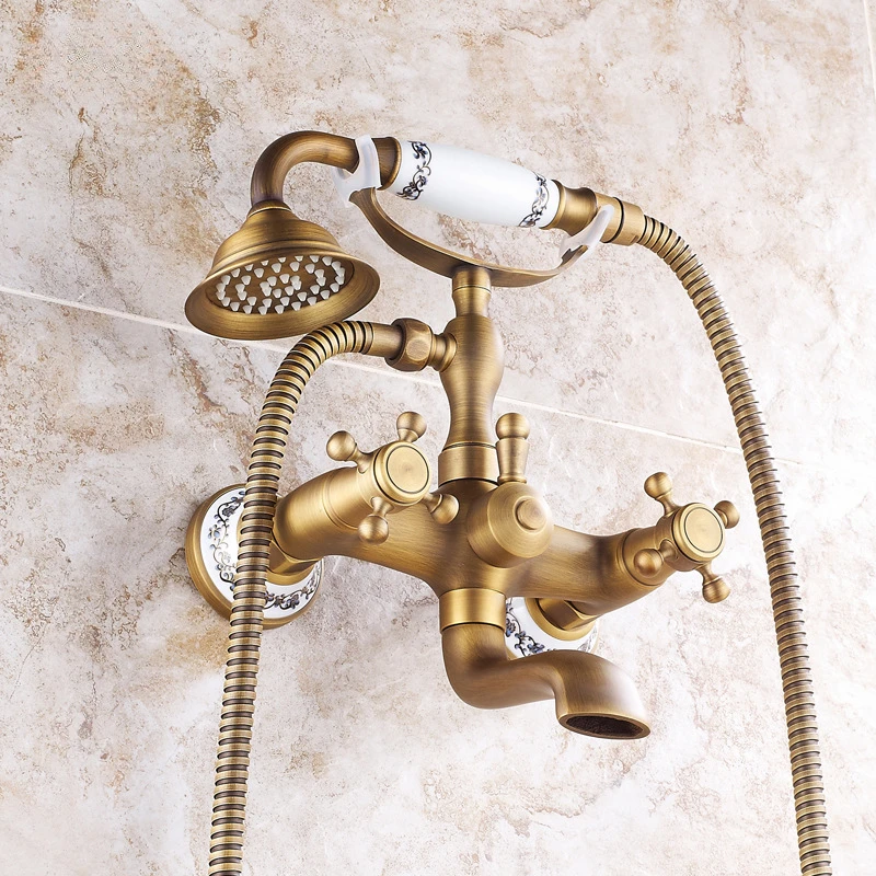 

Retro Style Brass Bathtub Shower Faucet Set Dual Knobs Wall Mounted Bathtub Mixer with Handshower and Swivel Tub Spout Tap