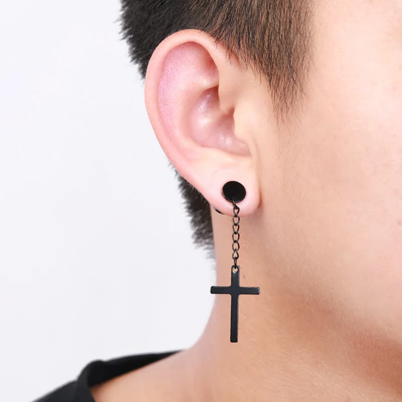 2pc Stainless Steel Men Cross Punk Dangle Earrings Gothic Woman Cross Ear Hoop Earrings Huggies Pendant Piercing Jewelry