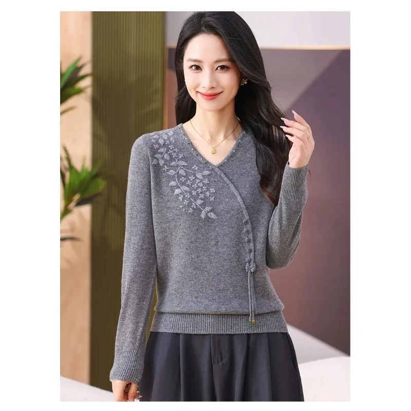 Women V Neck New Style Knit Sweater Embroidery Floral Frog Tassel Decor Long Sleeve Casual Top For Middle Aged Mom