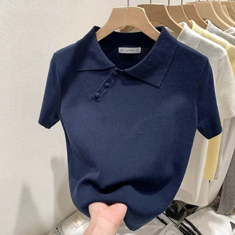 

Футболка с круглым вырезом и пуговицами большого размера, женские летние простые вязаные футболки с короткими рукавами, нерегулярные однотонные пуловеры XQ383