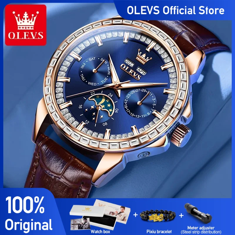 

OLEVS 6695 Watches For Men Classic Fashion Original Three Small Dial Automatic Mechanical Watch Calendar 24 Hour Moon Phase