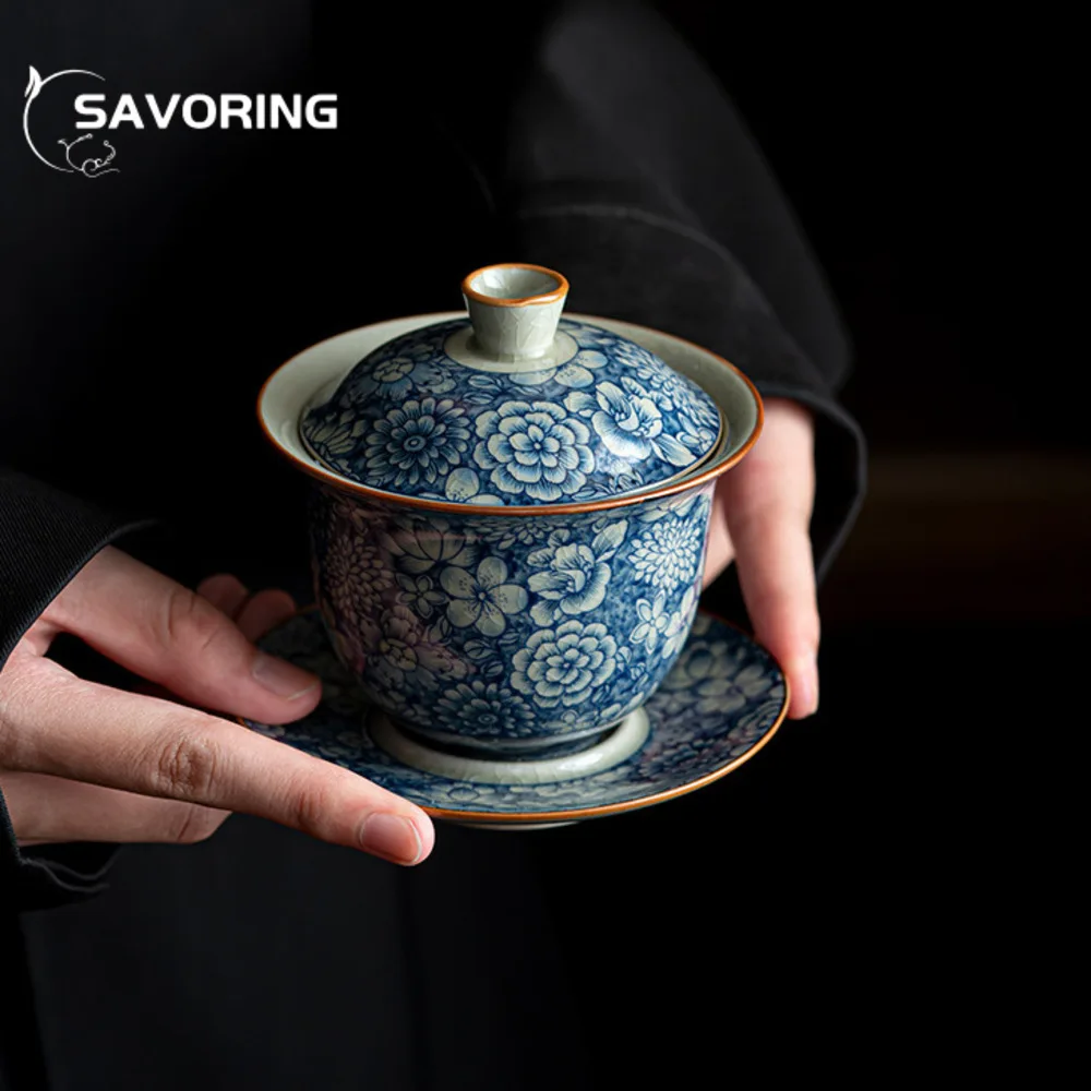 

150 мл Ретро сине-белый священный Gaiwan старинная керамика Грязь Чай Tureen бытовой чай пивоваренный чехол чаша чайная церемония ремесло