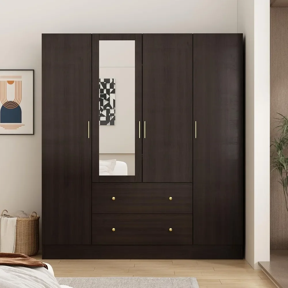 4-door wardrobe with mirrors, 63 inch wide large independent wardrobe with 2 drawers, shelves, and 2 hanging bars