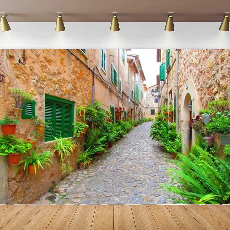 Photography Backdrop Italy Old Town Vintage Brick Wall Building Narrow Street Landscape Background For Interior Decor Poster