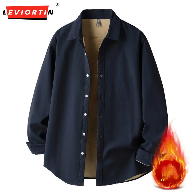 

Japanese retro autumn and winter new men's simple and versatile solid color loose and velvet square neck long shirt Z812