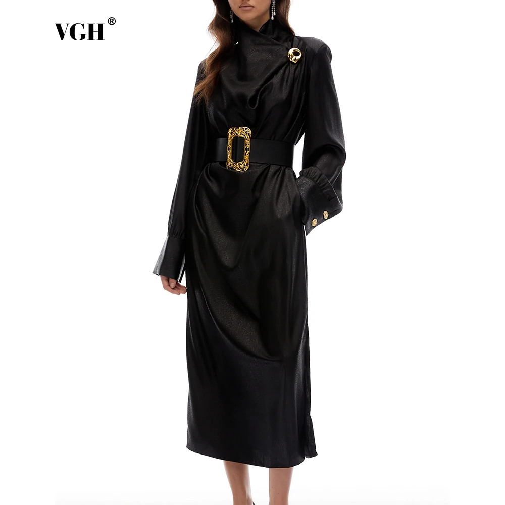 

VGH Vintage Spliced Wide Sashes Dress for Women Stand Collar Long Sleeve Metal Pin Decoration Luxurious Midi Dresses Female New