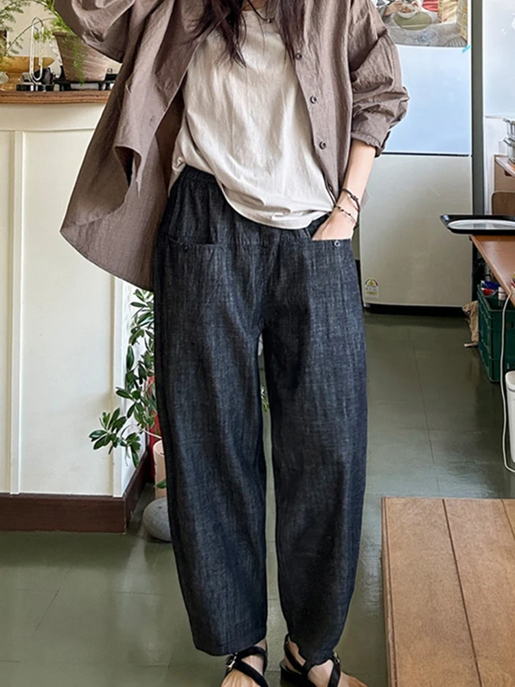 Casual Loose Elastic Waist Thin Cotton Jeans Women's Spring Summer Slimming K86 Simple Style Loose Fit Breathable Comfortable