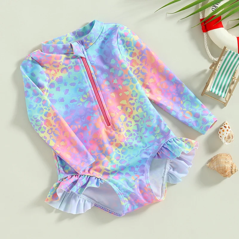 Baby Girl Swimsuit Swimming Suit Long Sleeve  Swimwear Zip Rash Guard Wetsuit Swimming Bathing Beachwear with Cap