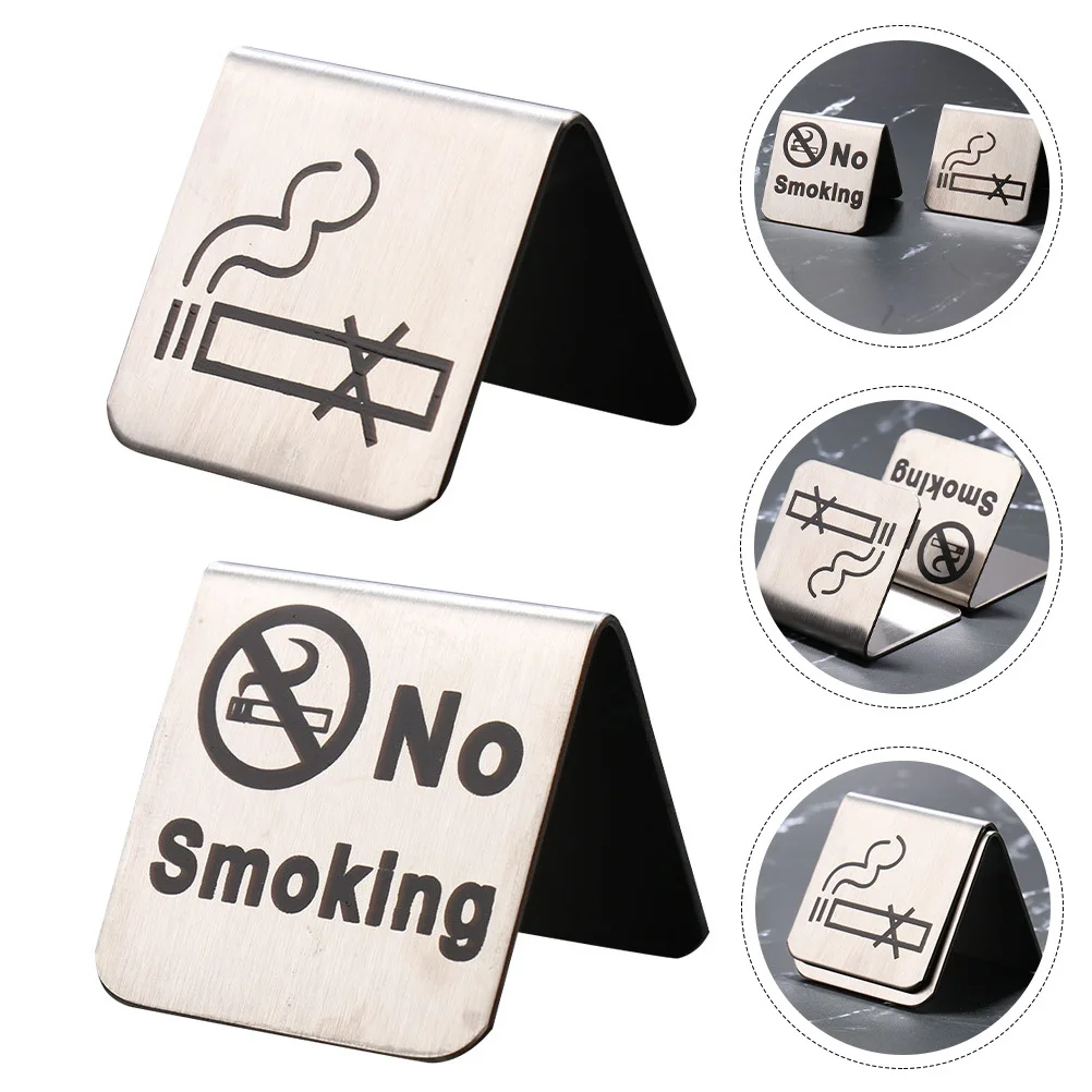 2Pcs No Smoking Table Sign Stainless Steel Flat Design Clear Lettering for Office Home Restaurant Desktop Non Smoking Reminder