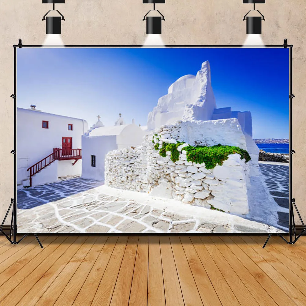 

ZHISUXI White Buildings In The Old City Of Santorini Island And Scenery Of The Aegean Sea Photographic Background Prop LHJ-08