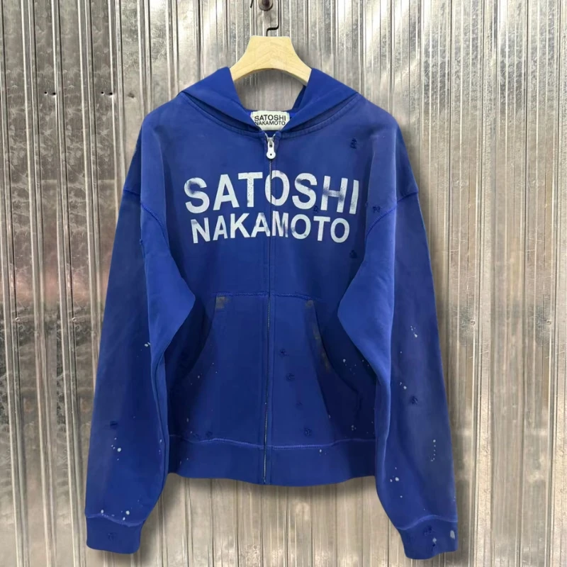 Blue Washed Retro Distressed Splashed Ink Zipper Hoodie Oversize SATOSHI Jacket Fading Letters Men Women Loose Streetwear