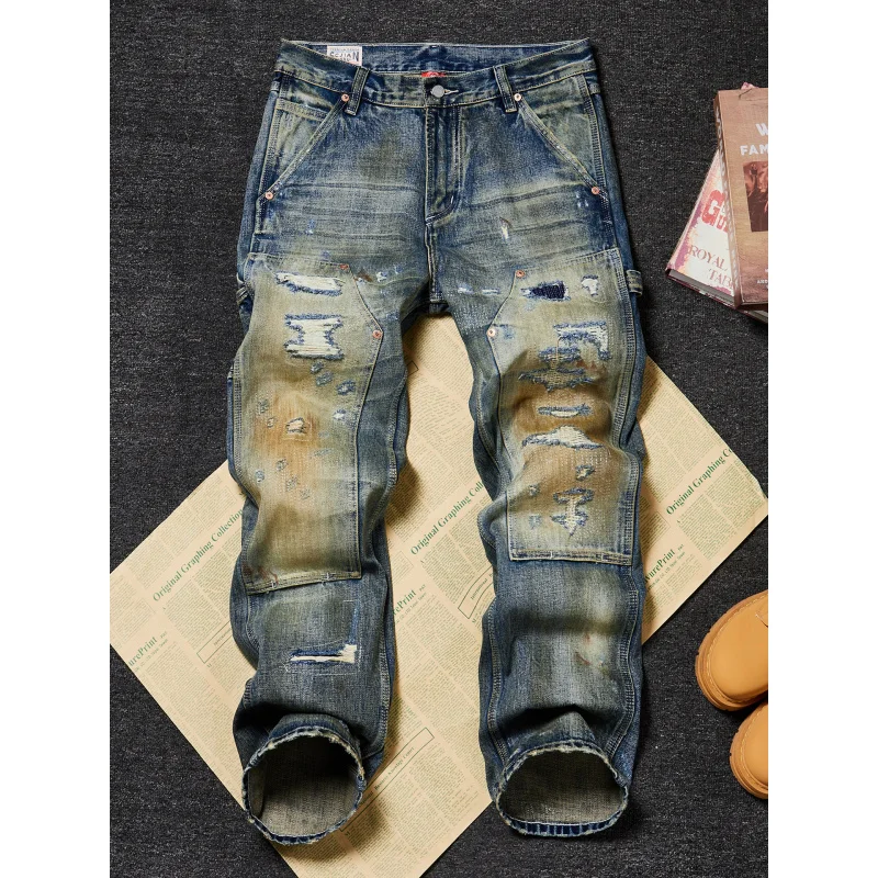 

Men's American Vintage Heavyweight Ripped Jeans Loose Straight Wide Leg Yellow Mud Wash Distressed Streetwear Pants