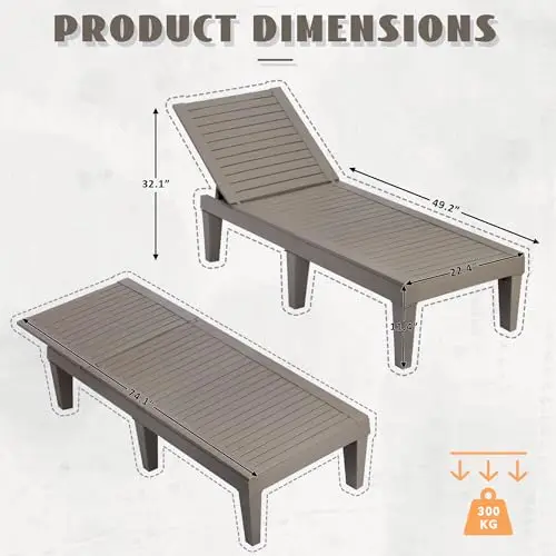 Outdoor Chaise Lounge Chairs Set (Black with Wheels, 2pcs) | Wood-Grain HDPE, 5-Position Recline, Lockable Wheels, Cup