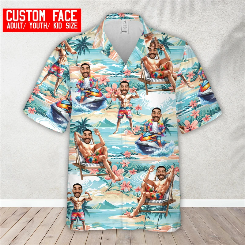 

Гавайские рубашки с индивидуальным лицом для мужчин, летняя мода, персонализированная рубашка с коротким рукавом и 3D принтом, свободные дышащие блузки с лацканами «сделай сам»