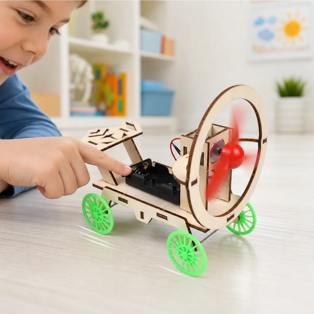 Wooden DIY Electric Wind Power Car STEM Science Kits for Kids Physics Learning Educational Toy School Teaching Aids 3D Puzzle