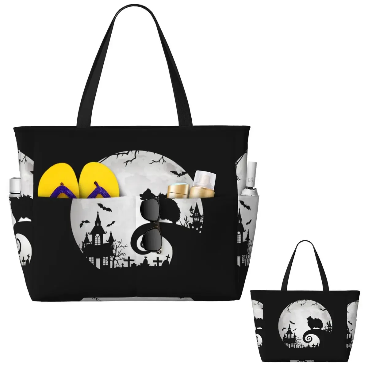 Pomeranian Dog And Moon Halloween Beach Tote Bag Sport Gym Yoga Duffle Large Tote Bag Women Travel Bag Fitness bag