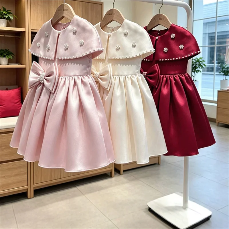 robe-de-princesse-en-satin-avec-nœud-et-fleurs-pour-bebe-et-enfant-robe-de-premiere-communion-robe-de-bal-robe-de-fete-de-mariage-avec-pareo-robe-d'anniversaire