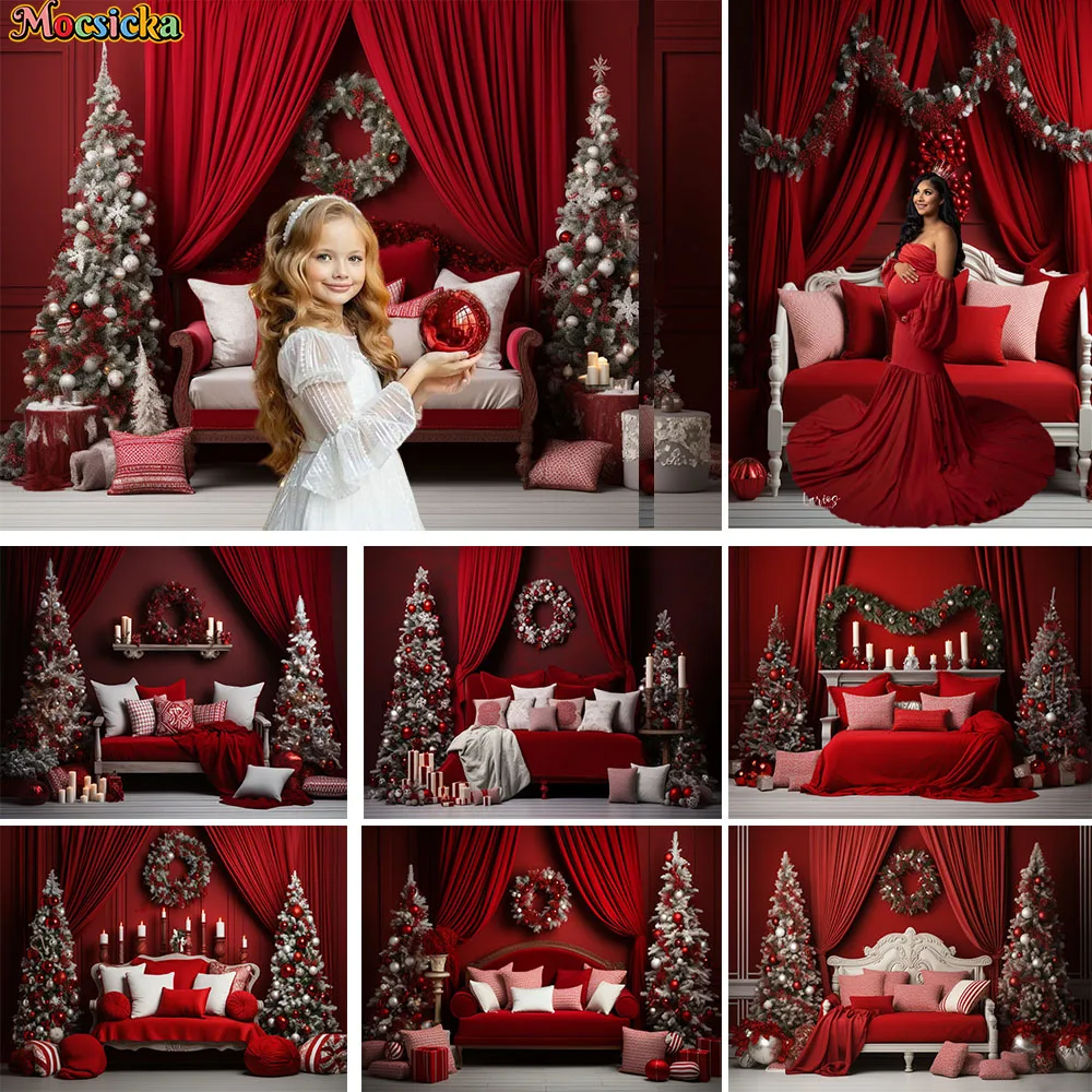 

Red Christmas Sofa Decor Wedding Party Background Xmas Tree Curtain Wreath Photography Backdrop Booth Studio Photoshoot Supplies