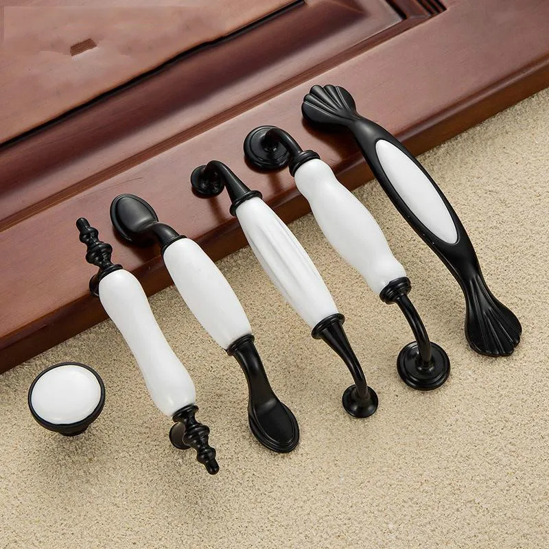 Black White Door Handles Country Style Ceramic Drawer Pulls Knob Kitchen Cabinet Handles and Knobs Furniture Handles