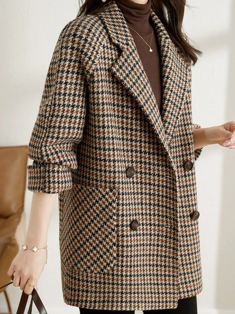 New Vintage Houndstooth Women Woolen Blazer Double Breasted Plaid Female Suit Jacket Fashion Korean Outerwear Loose Woolen Coats