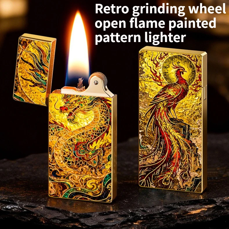 

New Creative Retro Grinding Wheel Open Flame Lighter with Painted Patterns Ultra-thin High-end Men's Gift