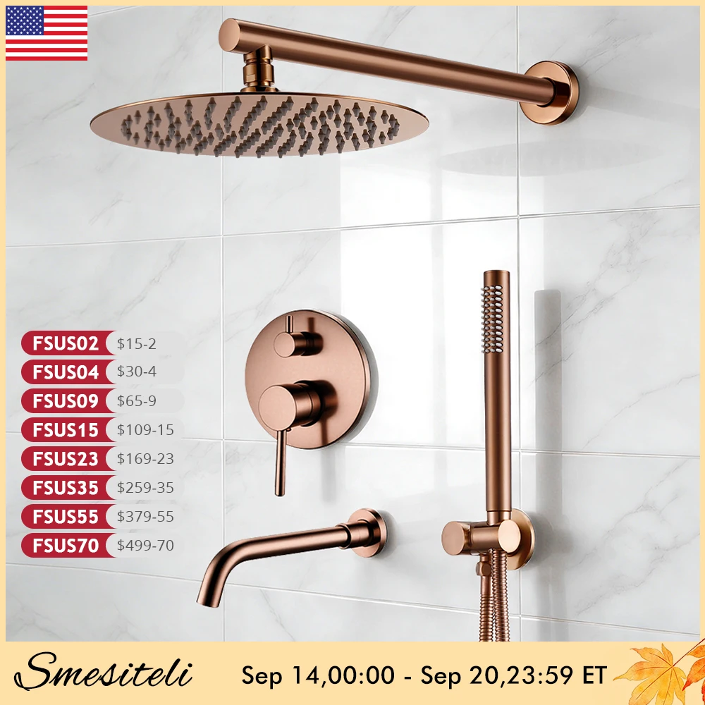 Bathroom Shower Faucet Brushed Rose Gold Smesiteli Brass 3 Way Diverter Valve Kit Hot & Cold Mixer Tap Tub Spout Hand Spray