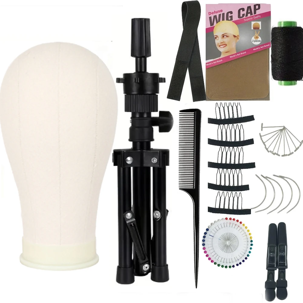 

22In New Canvas Block Head Set with Mount Hole Stand, Styling Hair Clips, T Needle, C Needles, Thread, Lace Wig Caps (22 Inch)
