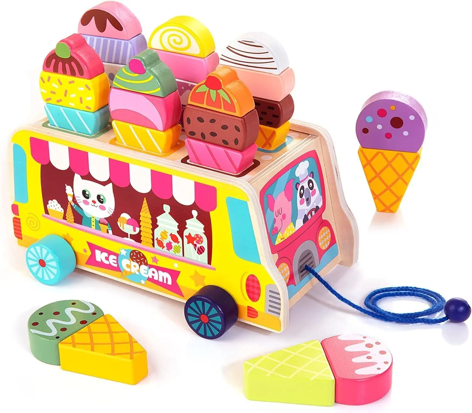 28 pcs Magnetic Ice Cream Sweet Treats Pretend Play Wooden Ice Cream Truck Food & Accessories Montessori Sorting Stacking Toys