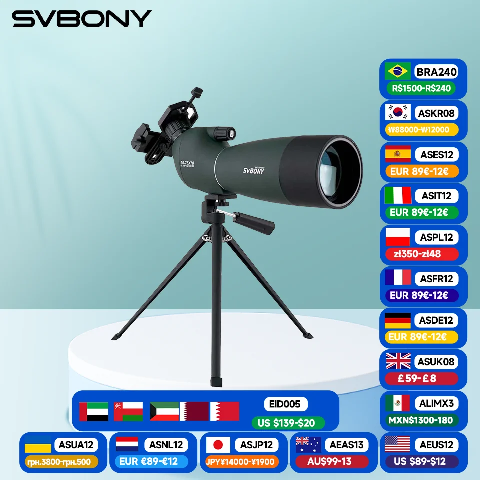 Svbony SV28 plus 50/60/70 Spotting Scope Zoom Telescope Powerful  Waterproof Long Range PORRO Prism For Shooting Equipment