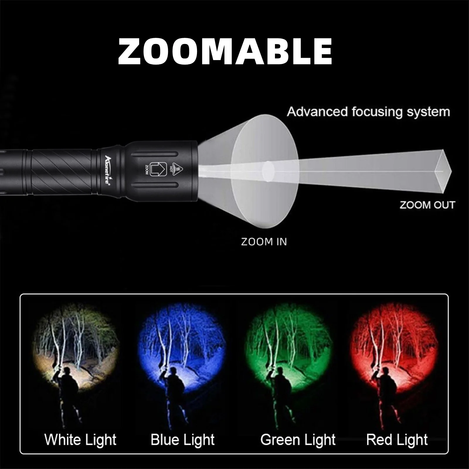 Linterna táctica LED multicolor con zoom y potencia para exteriores