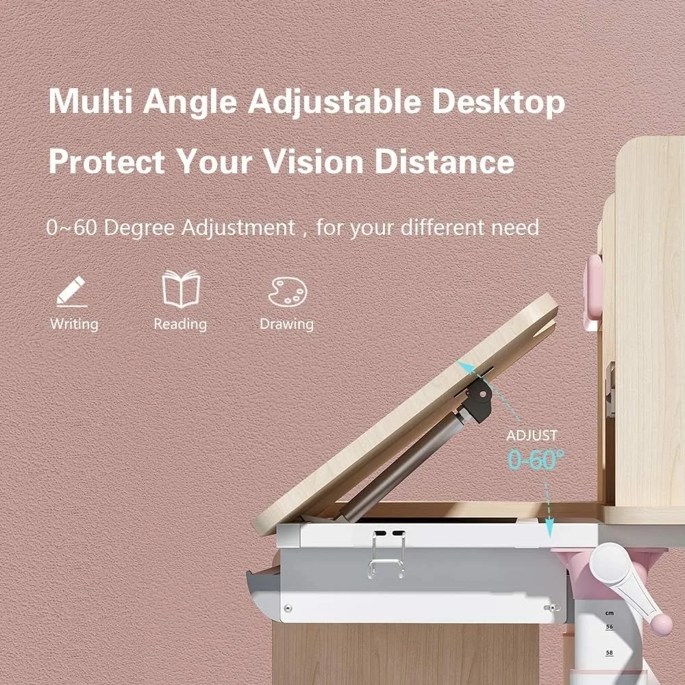 Ergonomic Multi Function Wood Adjustable Kids Study Desk Drafting Table and Computer Station with Book Shelf and Hutch