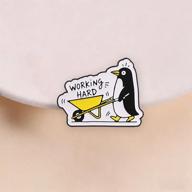 Working Hard Penguin Enamel Badge Funny Penguin Push Wheelbarrow Cartoon Animal Pin Worker Slogan Brooch Jewelry Gift for Friend