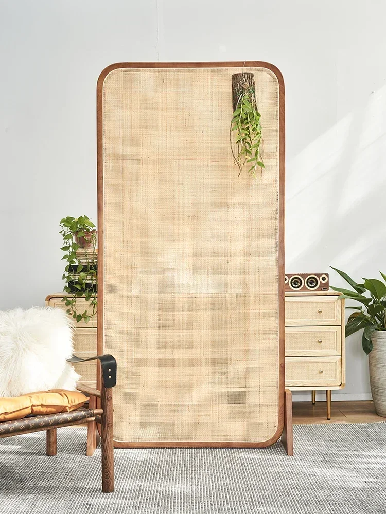 Japanese solid wood rattan screen restaurant teahouse partition folding screen silent household retro removable seat screen