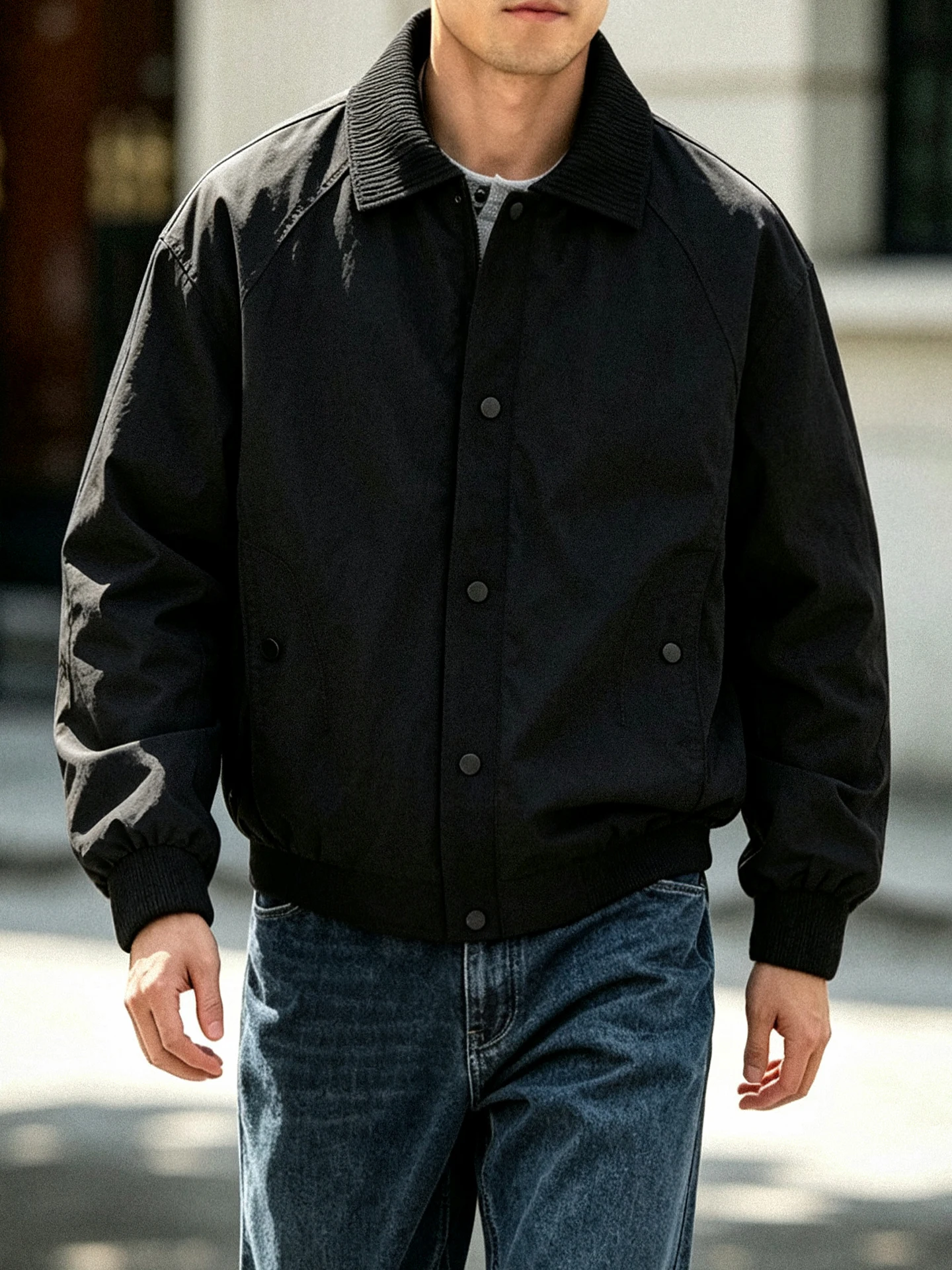 Men's Black Baseball Jacket Button-Up Collar Commute  Jacket Outerwear Casual Top Spring Autumn Polyester Fiber