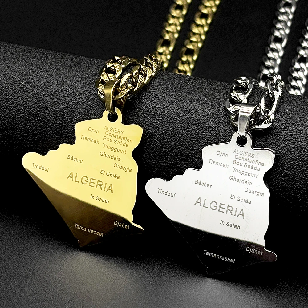 Algeria Map Cities Name Pendant Necklace for Men Women Stainless Steel Gold Plated Algerian National Geography Chain Jewelry