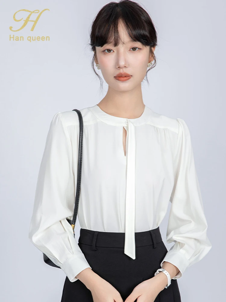 

H Han Queen Korean Vintage Shirt Loose Tops Casual Autumn Women Clothes Career Satin Long Sleeve Office Blouses Female Clothing
