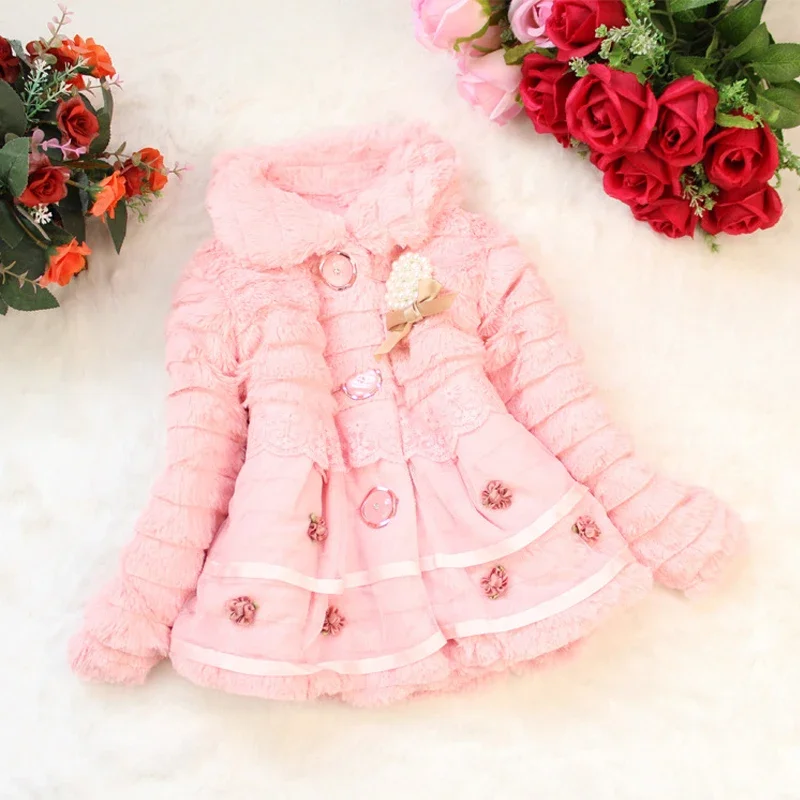 Girl\'s Winter New Coat Sweet Solid Color Warm Mesh Small Flower Hair Sweater for Children\'s Clothing Suitable for 0-3 Year Old